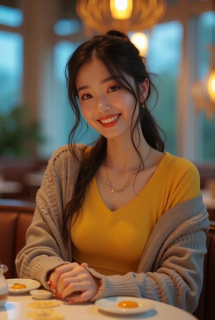Top quality, masterpiece, ultra high definition, (Reality: 1.4), Original photo, 1Girl, cinematic lighting, smile, bright, photo-like, sweaty, face red, pose to take photo