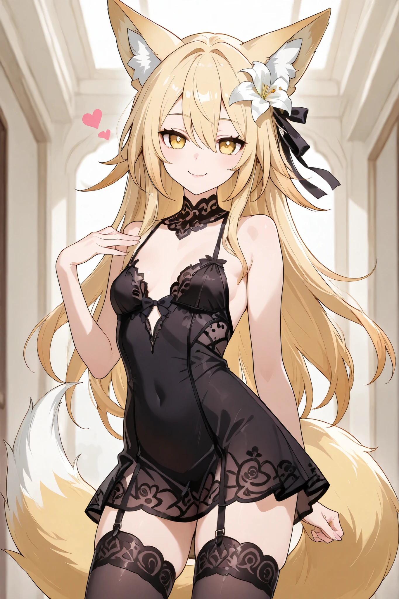 Fox girl, light-blonde, Renard, Fox tail, collar, Beautiful, Long Hair, Golden Eyes with purple shade, small breasts, thigh-high stockings, garter, black lace dress, playful expression, hair ribbon, cute, white lily on hair, cheeky, teasing