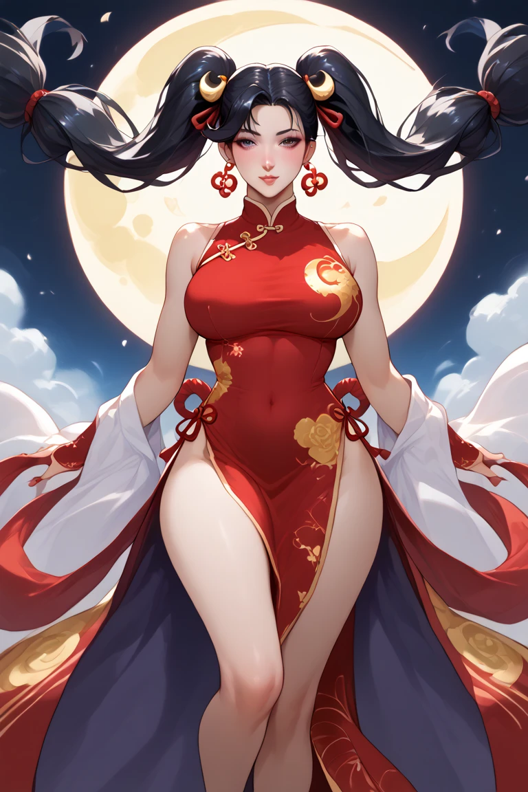 45-year-old Asian woman with curvaceous body hyper-realistic ultra-realistic in sensual position long hair black smile naughty look tender look Roman sandals walking galactic costume on the moon and with the sun on her back with red-green dragon tattoos all over her body