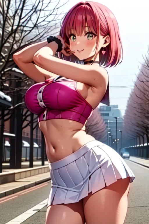masterpiece, top-quality, Hi-Res, 1girl in, 独奏, Pink skirt,White panty、Beautiful ass、Open her legs、Tank Tops, Beautiful ass、shorth hair, Ahoge, black thigh, red hairs, a purple eye, purple color hair, long-sleeve, frowned, Slouched,