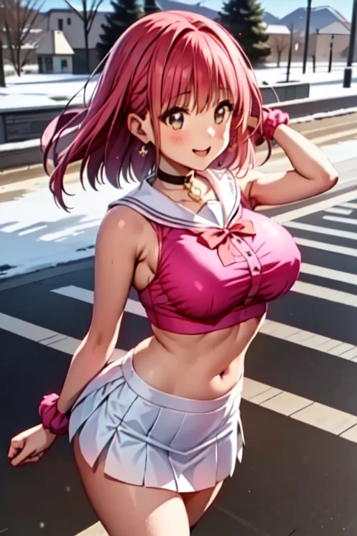 one woman, pink hair, gyaru, canine, aquamarine eyes, Double bun , navel, manicure, curly long hair, neat white uniform, piercer, smiling mouth, cleavage, cute, short pink skirt, very large breasts