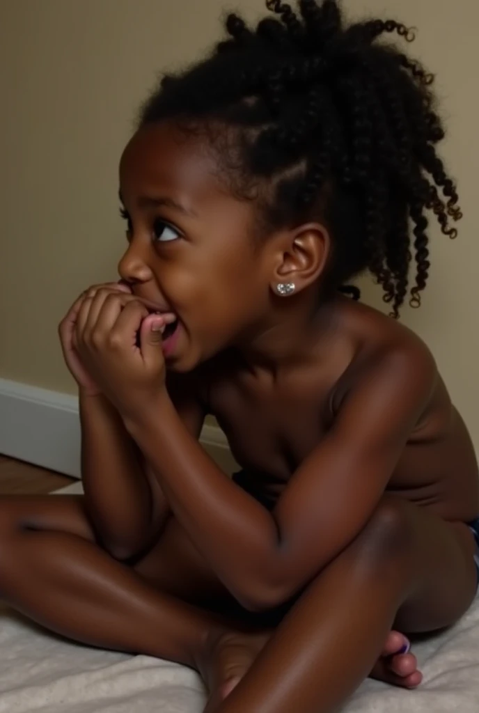 Stunning masterpiece, beautiful capture, (perfectly portrays a 3-year-old black girl), bare feet, wearing only a diaper, sitting on a bathroom tile floor, curious expression, looking directly at the camera, (immaculate details), (vibrant realistic colors), best quality, ultra high resolution.