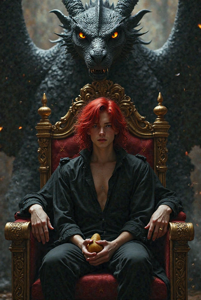 Handsome demon hot  boy. The scene unfolds with a striking and self-assured ager seated regally on an ornate throne, exuding an aura of quiet confidence. Their crimson red hair cascades down in loose waves, glowing like embers under the dim light, perfectly complementing their piercing crimson eye—a gaze that seems to hold secrets beyond their years. The other eye is concealed by a few strands of hair, adding an air of mystery.

Despite the grandeur surrounding them, this cool  nonchalantly holds a simple potato—its earthy simplicity contrasting sharply with the opulence of the moment, almost as though it's a symbol of their grounded nature amidst all the power.

Behind the throne looms a massive black dragon, its obsidian scales glinting faintly in the low light. Its golden eyes gleam with intelligence and loyalty, watching over the young ruler like a guardian spirit. Smoke curls lazily from its nostrils, blending into the misty atmosphere, while its presence adds both intimidation and majesty to the tableau.

This image captures the essence of paradox: raw power tempered by humility, ancient strength paired with youthful rebellion, and the extraordinary intertwined with the mundane—all embodied by a single figure holding court over their world, one potato at a time.