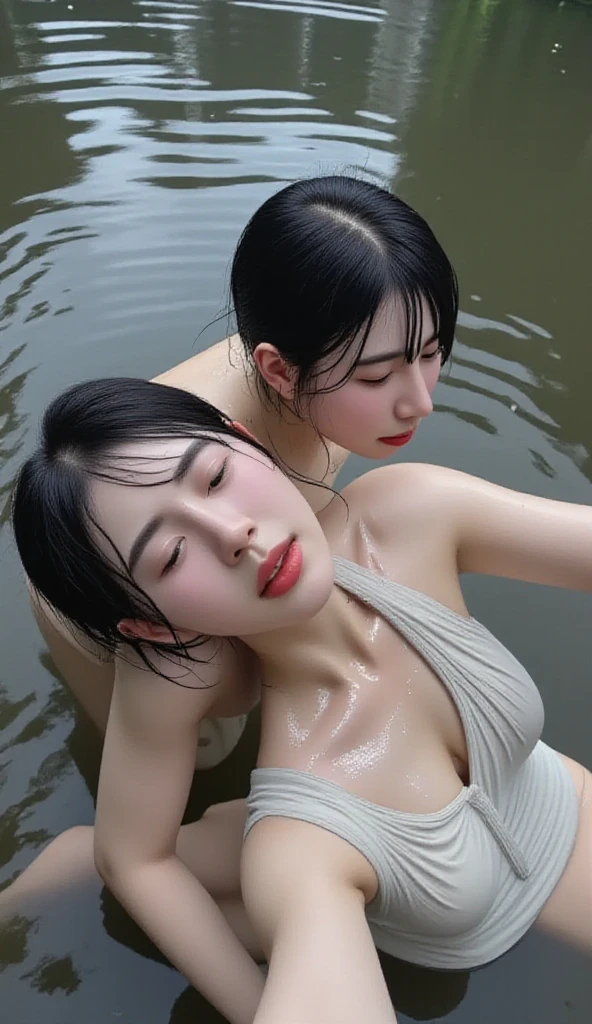 beautiful detailed eyes, beautiful detailed lips, extremely detailed face, 2girls, lifeless, naked, whole body floating in water, beautiful elegant girl, dark hair, asian features, detailed skin, , chiaroscuro, dramatic moody colors, cinematic, photorealistic, (best quality,4k,8k,highres,masterpiece:1.2),ultra-detailed,(realistic,photorealistic,photo-realistic:1.37)