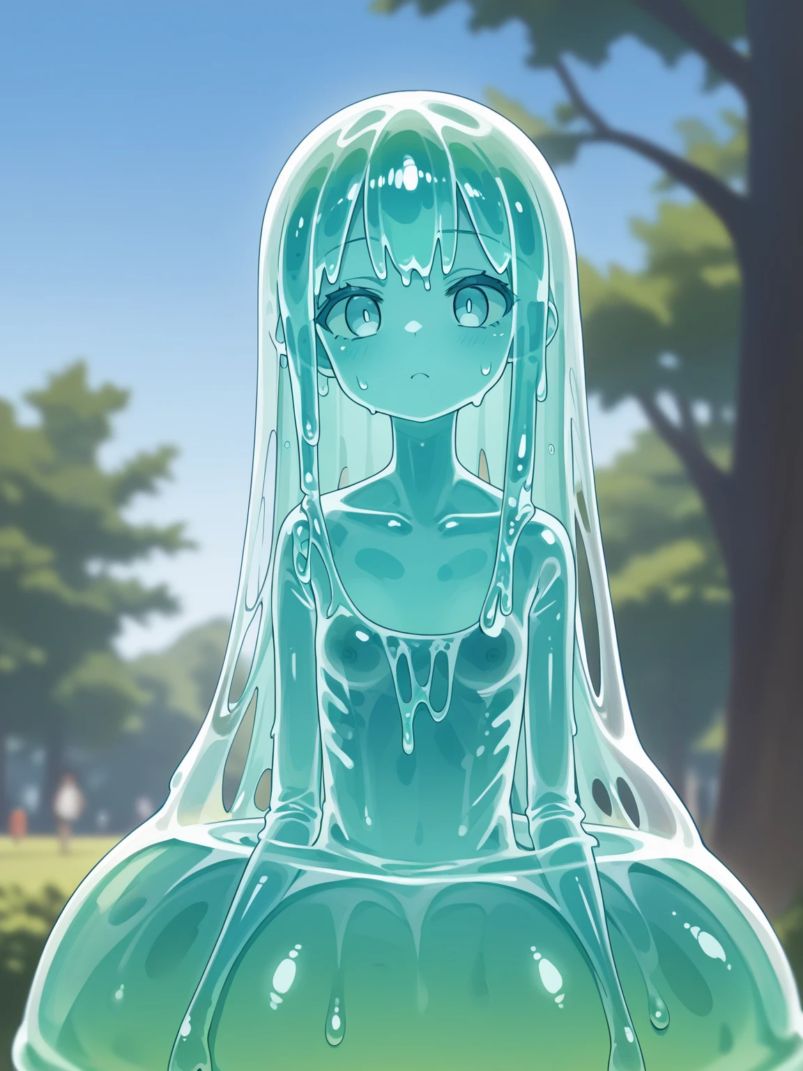 (masterpiece,best quality,ultra-detailed,best illustration:1.3), 1girl, (slime girl:1.3), ( transparent:1.3), (see-through:1.1),sitting, white highhighs, (refraction,reflection:1.1) , transparent face,transparent body,transparent skin,sunshine day