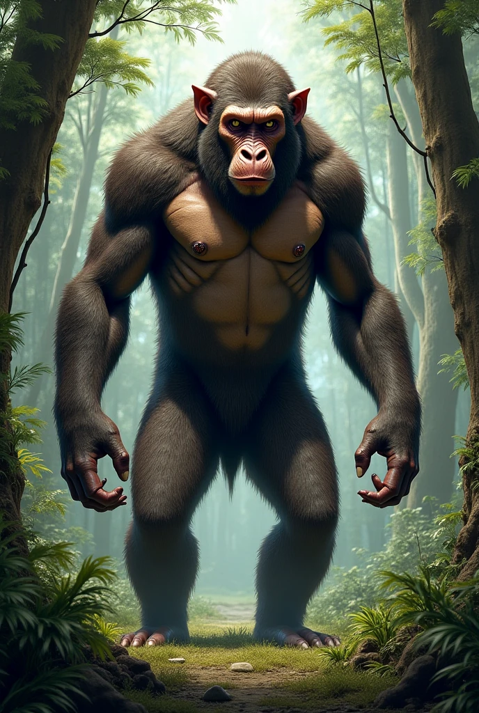A cryptid that moves stealthily through the dense, nocturnal jungle. It has the lithe, sinewy body of a large primate, with dark, mottled fur that blends into the foliage. Its eyes are large and reflective, glowing a haunting yellow in the darkness. The creature has long, powerful arms and legs, with opposable thumbs and sharp claws for climbing and grasping. Its face is a mix of ape and feline features, with a broad nose and sharp, predatory teeth. The creature moves silently through the trees, using its long, prehensile tail to swing from branch to branch. It communicates with low, guttural vocalizations and has an eerie, almost human-like intelligence in its gaze