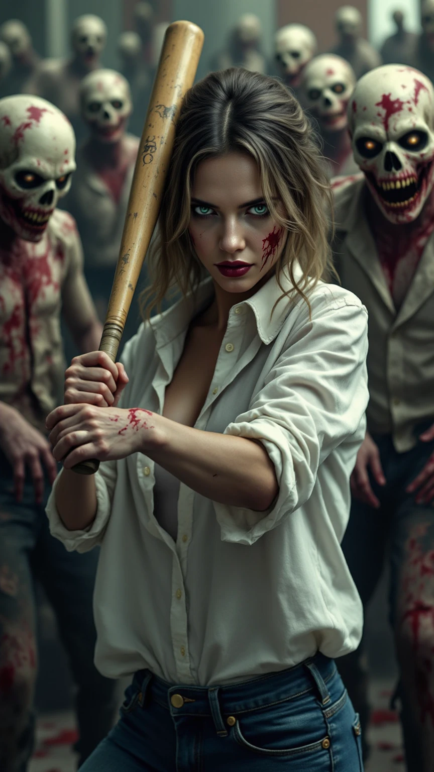 high res, ultra high definition, I'm looking at an actual , realistic, Zombies that seem to come to life in a very detailed zombie painting, A scene where a woman wearing a white shirt and jeans takes an aggressive stance with a baseball bat, The background is a huge canvas, Vibrant Colors,Professional level of detail,Immersive atmosphere with the same face,Stylish lighting effects,Exquisite texture expression,realistic감