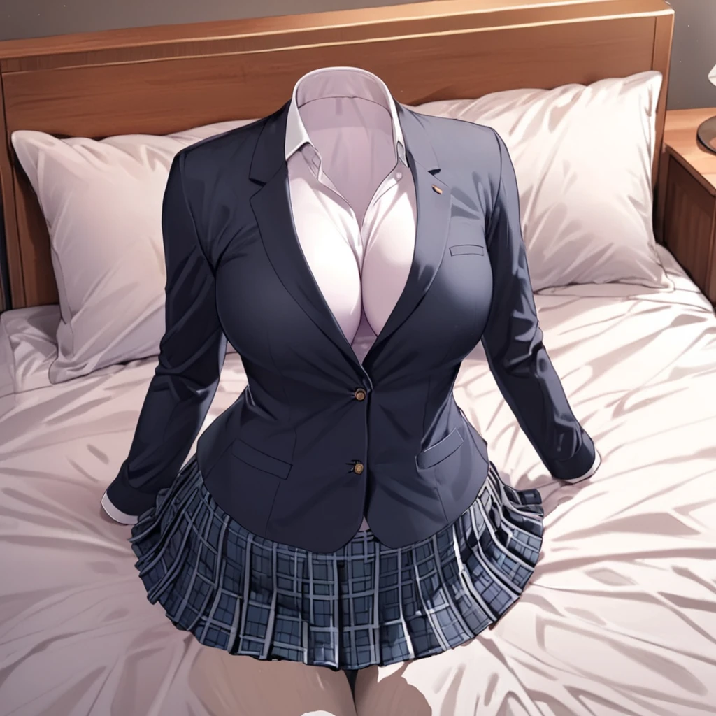 (invisible:1.5, no humans:1.5, headless:1.5, faceless:1.5), ( school separate swimsuit, school blazer, black pantyhose, on bed:1.2), plaid skirt, long sleeve, (big breast), (best quality, masterpiece:1.2), detailed cloth texture, detailed anime, super fine illustration