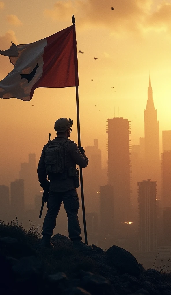 Terrorism concept, Terrorist silhouette on the background of the city in smoke, Photography::4 well lit, sharp focus, high quality photography, artistic, unique and award-winning, Canon EOS 5D Mark IV DSLR, f/8, ISO 100, 1/ 250 second, close-up, natural light, professional, flattering, headshot, glibatree style::3 grainy, distorted, watermark::-2