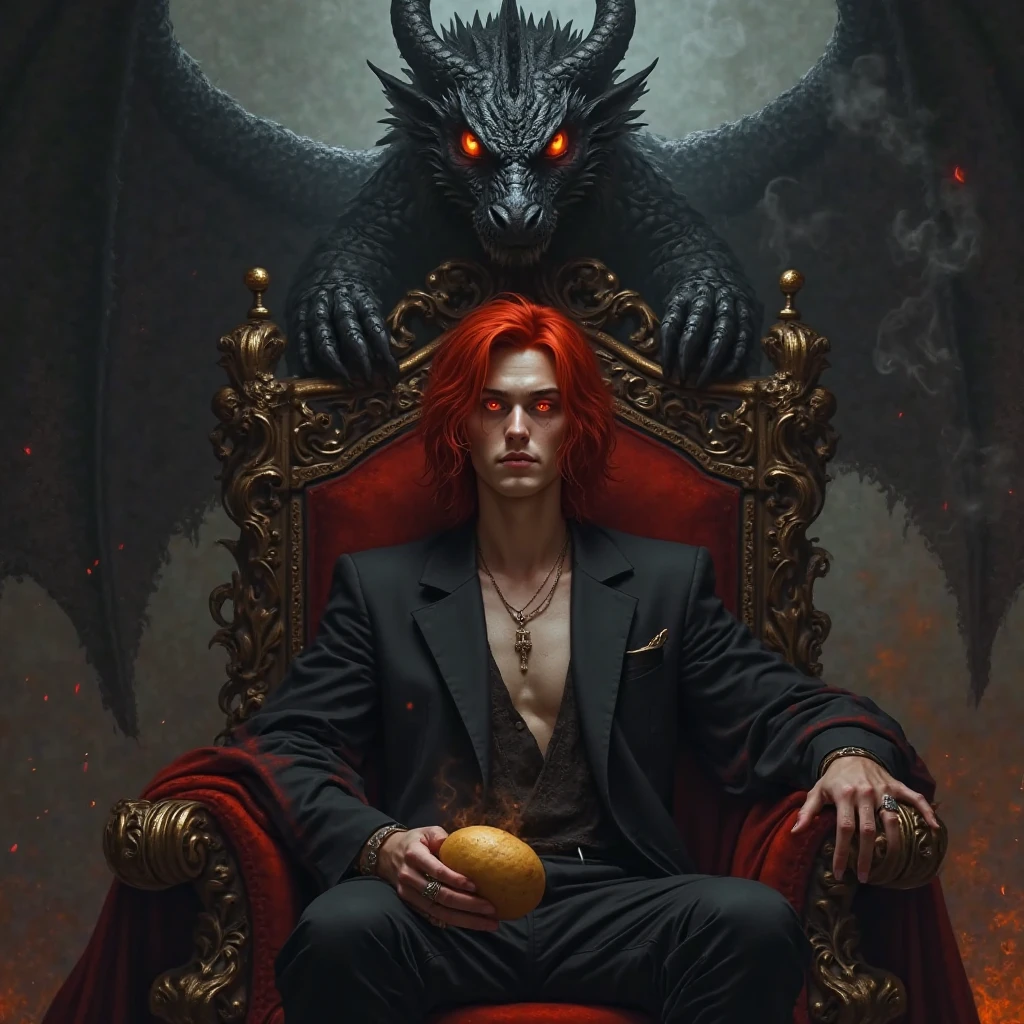 Handsome demon hot  boy. The scene unfolds with a striking and self-assured ager seated regally on an ornate throne, exuding an aura of quiet confidence. Their crimson red hair cascades down in loose waves, glowing like embers under the dim light, perfectly complementing their piercing crimson eye—a gaze that seems to hold secrets beyond their years. The other eye is concealed by a few strands of hair, adding an air of mystery.

Despite the grandeur surrounding them, this cool  nonchalantly holds a simple potato—its earthy simplicity contrasting sharply with the opulence of the moment, almost as though it's a symbol of their grounded nature amidst all the power.

Behind the throne looms a massive black dragon, its obsidian scales glinting faintly in the low light. Its golden eyes gleam with intelligence and loyalty, watching over the young ruler like a guardian spirit. Smoke curls lazily from its nostrils, blending into the misty atmosphere, while its presence adds both intimidation and majesty to the tableau.

This image captures the essence of paradox: raw power tempered by humility, ancient strength paired with youthful rebellion, and the extraordinary intertwined with the mundane—all embodied by a single figure holding court over their world, one potato at a time.