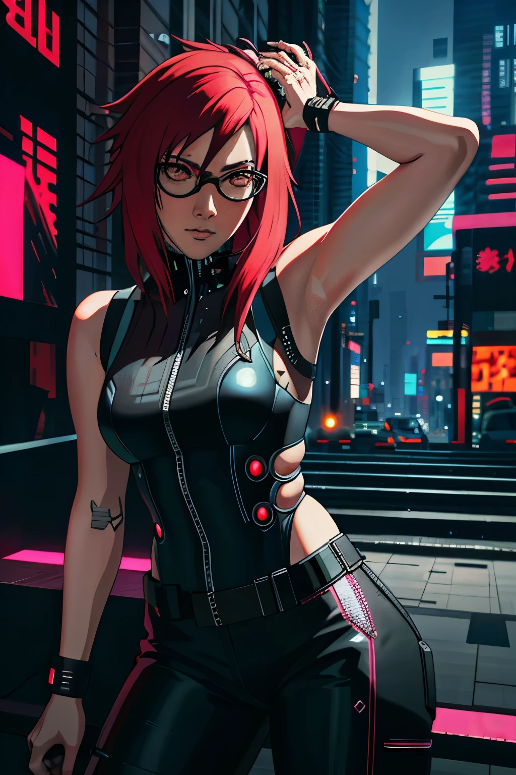 Masterpiece, stunning realistic, best quality, karin uzumaki, glasses, wearing black sleeveless cyberpunk suit, long pants cyberpunk style, in a cyberpunk city, cyberpunk world, in the middle of cyberpunk city filled with cyberpunk building