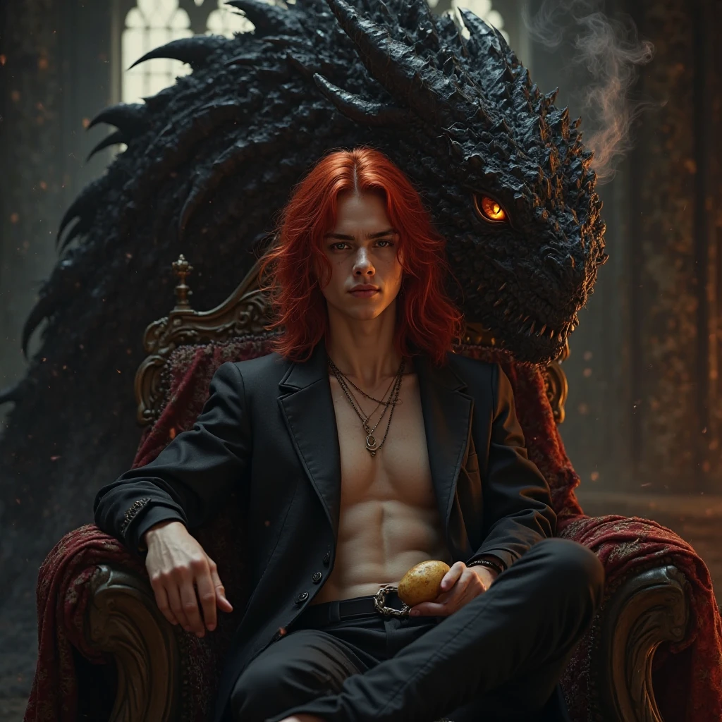 Handsome hot .Shirtless The scene unfolds with a striking and self-assured ager seated regally on an ornate throne, exuding an aura of quiet confidence. Their crimson red hair cascades down in loose waves, glowing like embers under the dim light, perfectly complementing their piercing crimson eye—a gaze that seems to hold secrets beyond their years. The other eye is concealed by a few strands of hair, adding an air of mystery.

Despite the grandeur surrounding them, this cool  nonchalantly holds a simple potato—its earthy simplicity contrasting sharply with the opulence of the moment, almost as though it's a symbol of their grounded nature amidst all the power.

Behind the throne looms a massive black dragon, its obsidian scales glinting faintly in the low light. Its golden eyes gleam with intelligence and loyalty, watching over the young ruler like a guardian spirit. Smoke curls lazily from its nostrils, blending into the misty atmosphere, while its presence adds both intimidation and majesty to the tableau.

This image captures the essence of paradox: raw power tempered by humility, ancient strength paired with youthful rebellion, and the extraordinary intertwined with the mundane—all embodied by a single figure holding court over their world, one potato at a time.