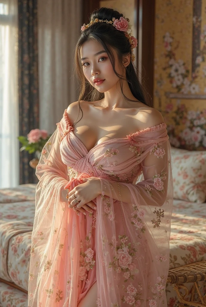 best qualtiy,tmasterpiece,A high resolution,1girll,Printed slip nightdress,Slip nightdress,Slip nightdress,hair adornments,choker necklace,jewely,beautiful face,Red high-gloss lipstick,Physically,Sitting on the bedside,sitted,Dingdall effect,realisticlying,Dark Studio,edge lit,twotonelighting,(highdetailskin:1.2),8K Ultra HD, Digital SLR, softlighting, high high quality, volumettic light, sneak shot, photore, A high resolution, 4K, 8K, Background bokeh,