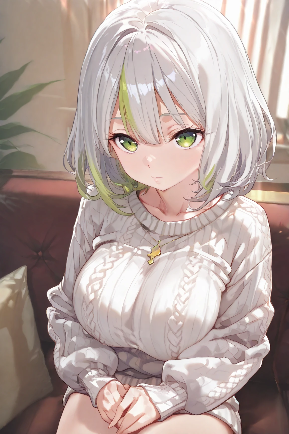 lolli, cute anime girl, white hair, golden eyes, girl with golden eyes, short hair, braided hair on the right side, messy hair, blushing, smile, open mouth, only wearing black sweater, wink eyes, in bedroom