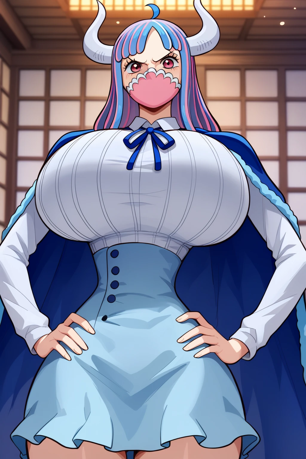 noi, nun, big breast,white boots, pants,cloak, musclegirl, standing,, smile, long hair, catedral, vest, portrait, full body,