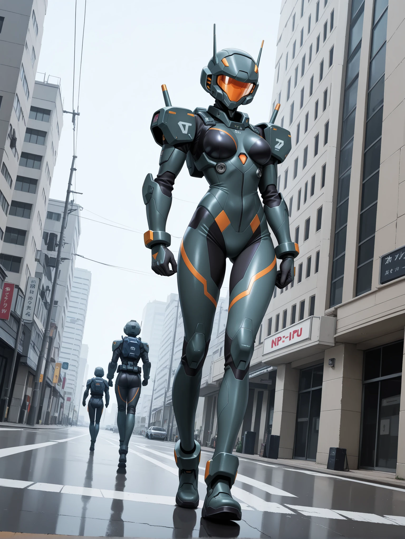 short hair, pink hair, street, emo,pink eyes, eyeliner, fortified suit, ((blue:1.5) plugsuit), short hair, (running fast:1.6),sweaty,clenched teeth,marathon event,looking ar forward,1), short hair, bangs, blue eyes, brown hair, blue bodysuit, bubble helmet space helmet, from side