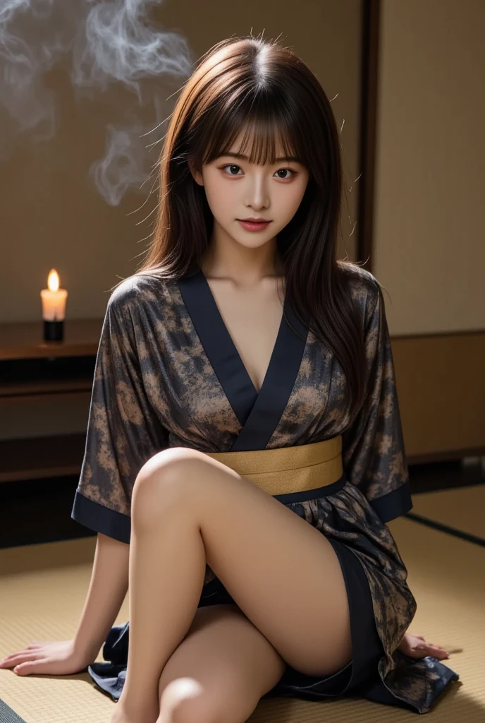 ((wearing only bathrobe with gorgeous-design)), ((open-legs)), Best-quality, Masterpiece, Ultra-High-Resolution, (Photorealistic:1.4), Raw-Photo, front-view, 1girl, the most popular Japanese actress, relaxing on sofa, looking at viewer, (extremely beautiful face like the most popular Japanese actress, ((extremely beautiful big-black-eyes)), extremely beautiful hair, extremely beautiful realistic-skins), extremely beautiful chest, extremely beautiful inner-thighs