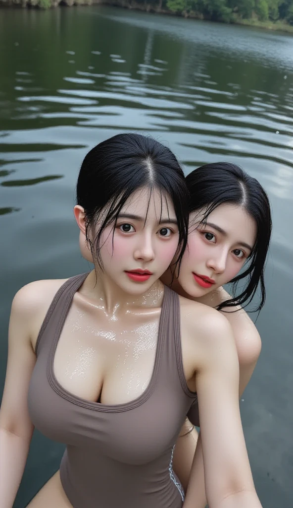 4K,Blockbuster texture,(2 girls,Sexy twin sisters,beautiful girl,Sexy Girl,Black twin ponytails,Wet white silk vest),In line with aesthetics,Facial details,(Delicate facial features),Perfect body,(Hug face to face:1.2),(Two girls squeeze each other's breasts),(Wet,24 years old,Sexy body),For the audience,All details clearly described