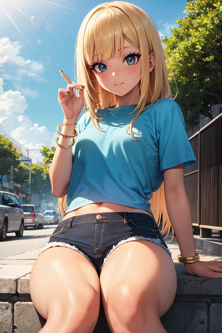 In the desert during the day、(())、((From above))、Beautiful girl with beautiful hair、A sharp, challenging gaze、Big eyes、Big Breasts、((Stand with your hands on your hips and your feet shoulder-width apart))、Looking into the distance。Short white dress shirt、(Denim mini hotpants that cling tightly to the buttocks)、Brown leather long western boots、Great balance of style、Long legs、(((A close-up of a cute, raised mound)))