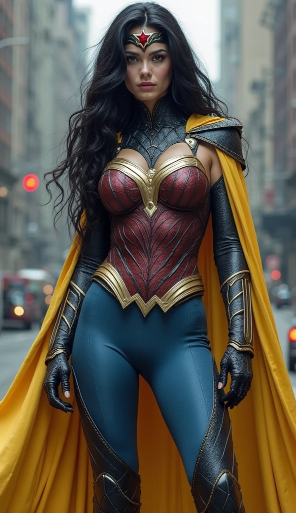 (masterpiece, best quality:1.4), cinematic light, colorful, high contrast, (1girl), NanaShimura, boku no hero academia, big breast, thicc thighs, muscular body, black hair, mole under mouth, large breasts, (blue eyes), hair between eyes, sleeveless, black bodysuit, red belt, white cape, yellow gloves, in the city, night, stars,