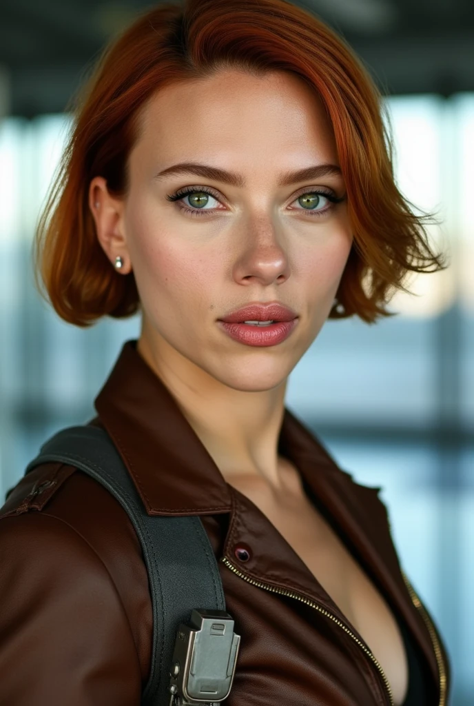 An amazing portrait of a stunning American woman, (28years old:1.5), tall, voluptuous, hourglass figure, (short pixiecut hairstyle:1.5), (redhead:1.5), (face of Rebecca Romijn:1.6), dressed in leather straps, detailed eyes, detailed hair, stunning facial feature, sweet smile, Perfect eyes, ultra realistic eyes, perfect face, perfect body, cinematographic, color analog film photo, Realistic hair, ((perfect face)), full photo of a sexy beautiful girl, Photograph, photorealistic, Evocative pose, ((Beau)), pose sexy, (Looking at the viewer), germ of art, cinematographic lighting, very high detail, foggy background, photo on Fujifilm Superia 400, Low light, 32K, cinematographic composition, professional calibrations, Film grain, Atmosphere, Wonderful , very stormy. faded film, desaturated, 35mm photo, grainy, vignette, Old, kodacromo, lomography, colored, Very detailed, Images found, Film grain, photography, photoshoot, cinematographic lighting, volumetric lighting, incredibly detailed, hot, sexy, very attractive, super model, (photorealistic:1.3), (of the highest quality:1.3), (Film grain:1.3), (world's best photography:1.3), (professional Photo:1.3), (detailed details:1.3), (cinematographic light:1.3), (cinematographic color:1.3), maximum depth of field, film photography, (intricate details:1), (hyperdetailed:1), heart-shaped pupils.