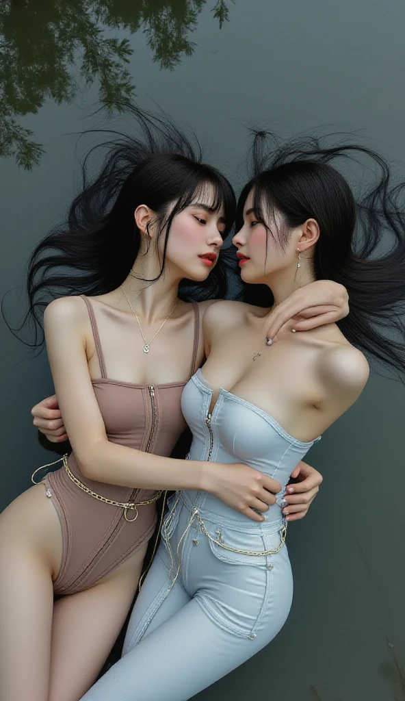 2 girls,  18 years of age,  one pinned against a wall with her arms above her, the othe holding her hands around her waist,  both looking deeply into each other eyes,  seductive looking, 