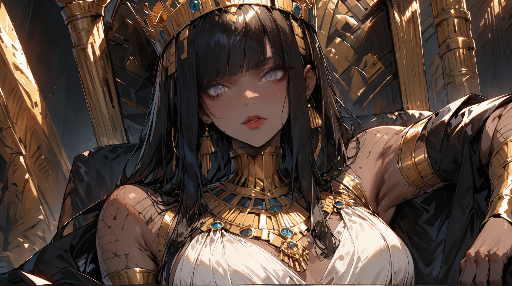 realistic photo, masterpiece, highest quality, high quality, cute, (detailed face and eyes:1.1), (freckles:0.8), gold choker, intricate Egyptian gold and black armor, white cloak, hieroglyphics, by Jeremy Lipking, by Antonio J Manzanedo, short black hair with gold highlights, messy hair, (gold eyes), royal, midriff, navel, dusk lighting, small breasts, thighs, hands behind head, desert background