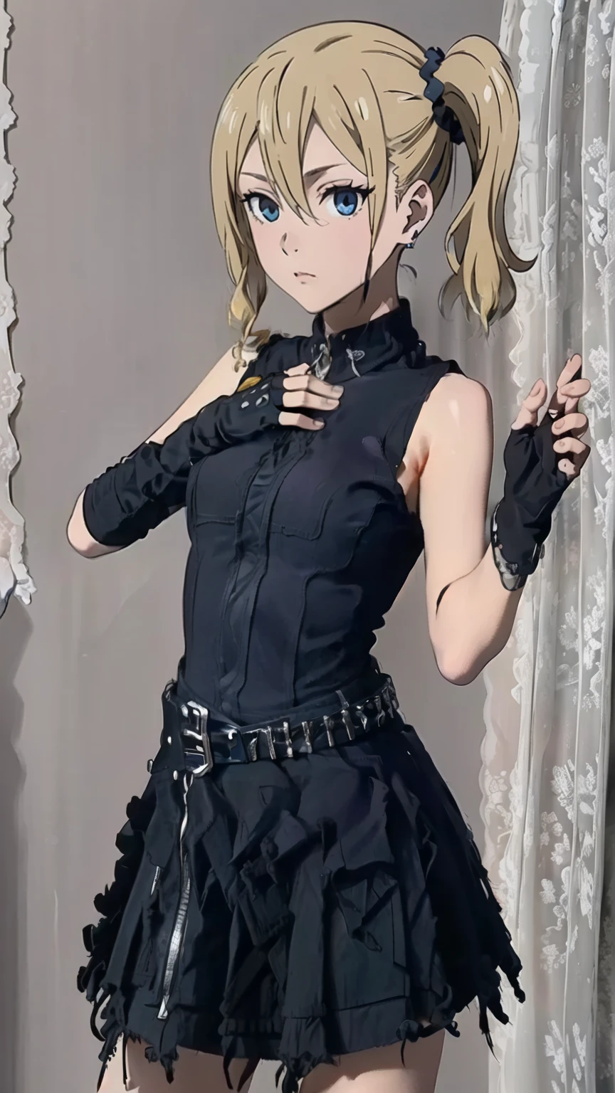 (masterpiece best quality, 8k:1.2), (anime coloring), high resolution, unity 8k wallpaper, (beautiful detailed eyes:1.2), extremely detailed face, perfect lighting, extremely detailed CG, beautiful eyes, perfect eyes, detailed eyes, distinctive big highlights, symmetrical eyes, hayasaka, blonde hair, blue eyes, hair scrunchie, side ponytail, scrunchie, hair ornaments, alone, hair between eyes, 1 girl, (medium breast:1.1), (metal bracelets, earrings), (perfect hands, perfect anatomy), (sexy pose), (street rock fashion, (black clothes:1.3), ripped skirt, fingerless gloves, fedora, belt, earrings, heavy makeup, street corner), looking at the viewer, dutch angle, (cowboy shot),