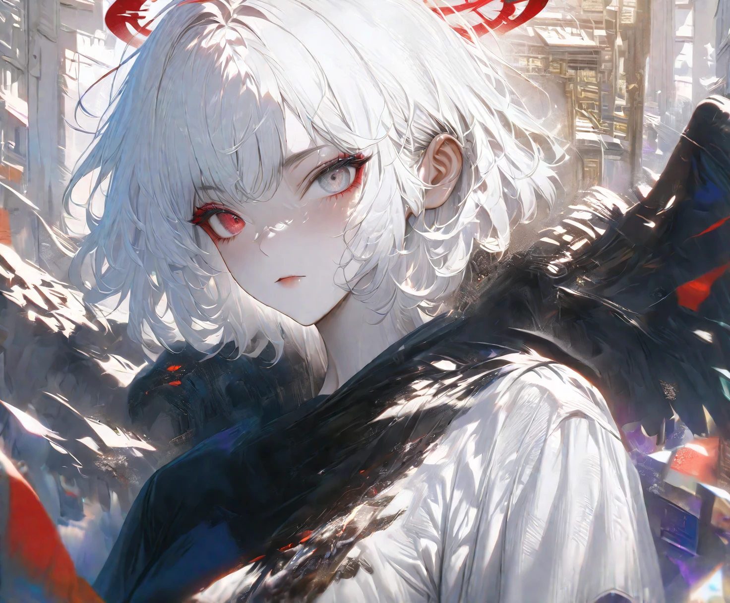 masterpiece, best quality, high resolution, A monster angel that looks holy,His eyes were waiting for heterochromia,His entire body consists of a huge one-eyed eye,A metal ring on one eye,The ring is crawling with eyeballs,Dragon with many wings holy angel on white