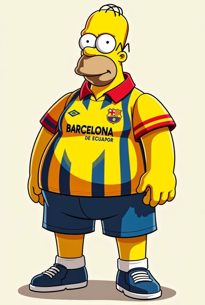 Fat Homer Simpson wearing shorts that say the blue and white cobra without a shirt and with boxing shoes holding the Messi shirt in Barcelona