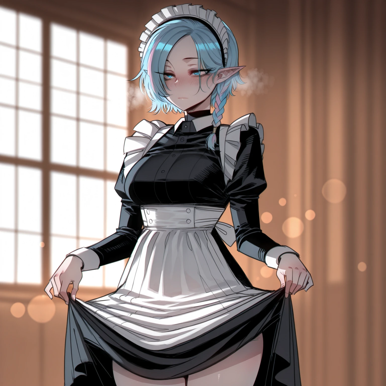 (masterpiece, best quality:1.3), Mesuki_Peropero, 1girl, solo, looking at viewer, wide hips, mature female, simple background, closed mouth, seductive smile, large breasts, cowboy shot, thick thighs, <lora:Mesuki_Peropero Style Lora:.85>, cameltoe, maid, panties, underwear, maid headdress, pantyhose, high heels, apron, wrist cuffs, short hair, white hair, maid apron, panties under pantyhose, ribbon, short sleeves, frills, white panties, puffy sleeves, hair over one eye, thighhighs