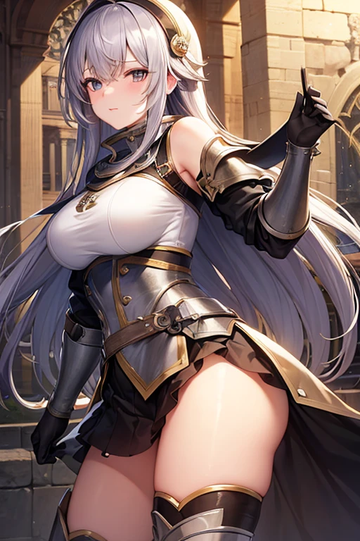 Female Knight、Beautiful girl、Huge 、Great style、Nice body、glamorous、Black leotard、armor、Bra Chest Armor、Knee Boots、Gauntlet、Shin Guards、hair ornaments、Silver Hair、Long Hair、Ahoge、Medieval city、The whole body is visible、outside of home、Night view、Laughter、Open your mouth a little、fold your hands behind your back、1Human-to-human perspective、Looking into the camera