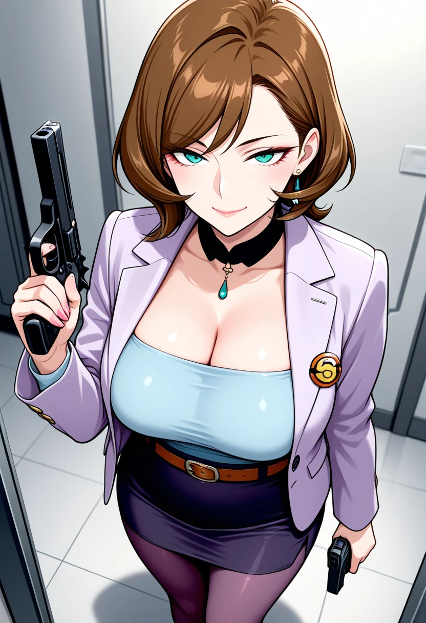 drmikoto, black hair, red eyes,mature female,lips, long hair, blush, lipstick, masterpiece, best quality, ((unbuttoned , cleavage, necklace, earrings, sexy body, breasts)) , micro skirt, smiling, navel , exposed belly, exposed navel,school,knot, classroom , holding a gun, hold a gun, navel piercing,