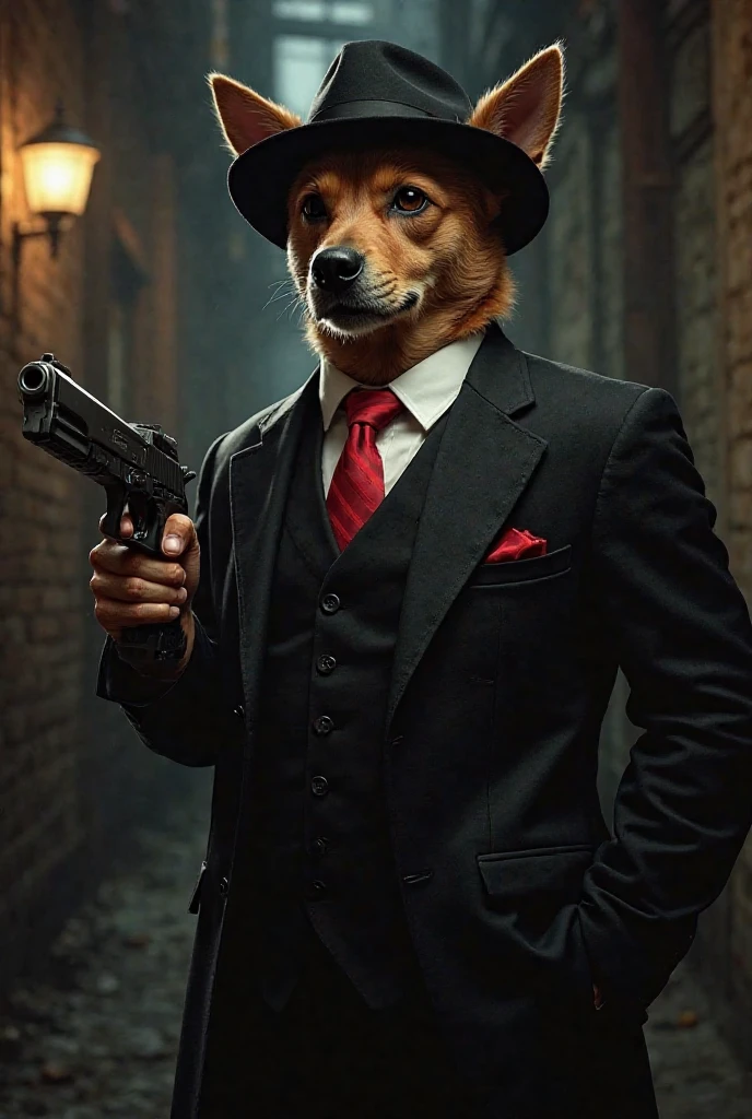 pitbull with hat smoking cigar in gangster outfit holding gun