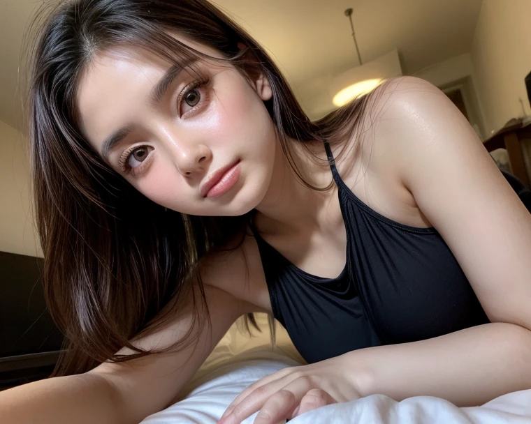 there is a woman laying on a bed with a pillow, 18 anos de idade, de 19 anos, ela tem cerca de 20 anos, ela tem cerca de 2 0 anos, 1 8 are, Dang Meu Linh, 22 anos de idade, ela tem cerca de 16 anos, young pale and beautiful asian face, qualidade muito baixa