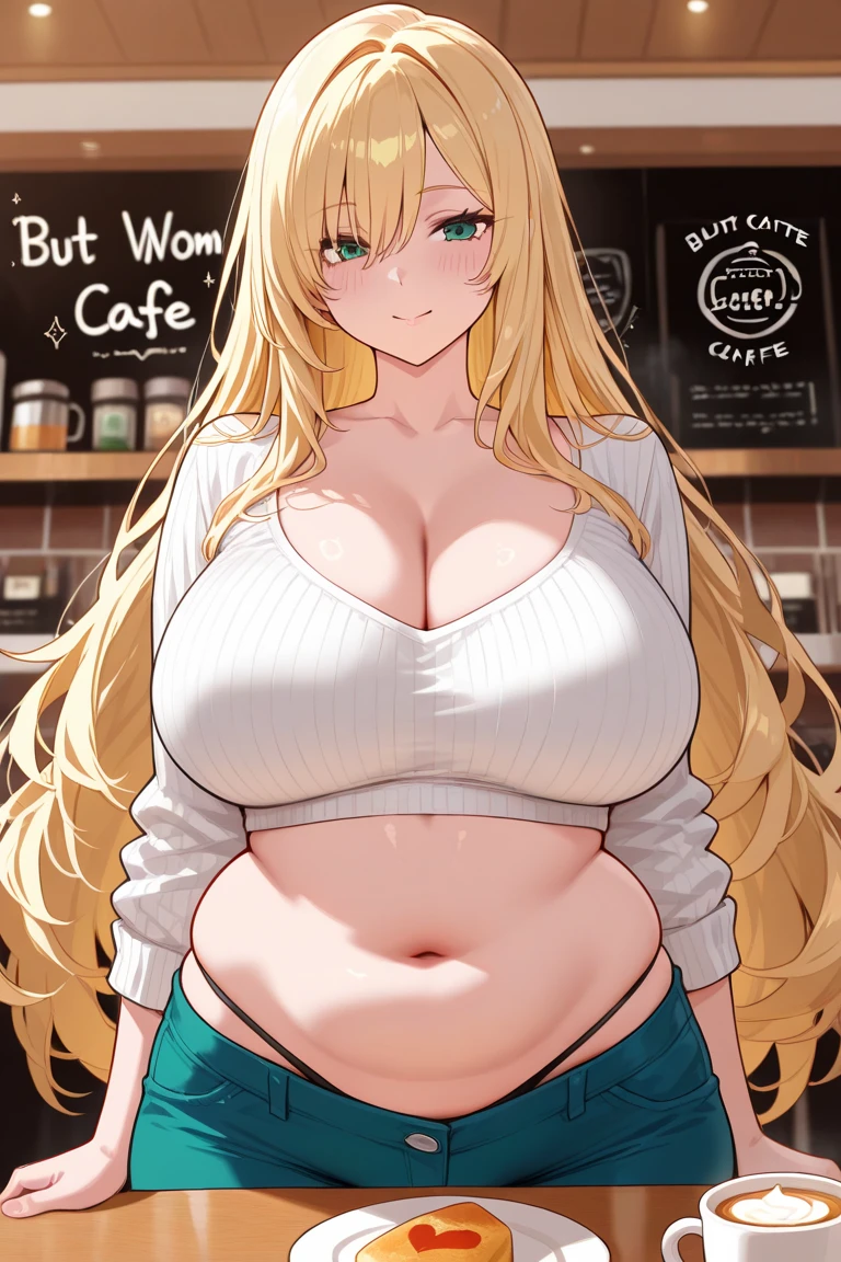 ((highres)), Masterpiece, high quality, best quality, beautiful, perfect lighting, detailed face, ultra cute face, ((1girl)), ((solo)), ((blush)), embarrassed, long fluffy blonde hair, blue eyes, sweat, heavy breathing, crop top and shorts, fast food restaurant, cleavage, large breasts, ((wide hips)), (thick thighs), ((plump)), chubby belly, ((belly grab)), fat folds,