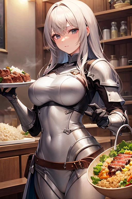 masterpiece, extra limbs, 1lady, 25 years old, gold long high ponytail, gold pubic hair, slant blue eyes, medium pointy breasts large areolas, muscle, serious, contrappo stobreast hold,have claymore, (((clothed plate armor knight))),
