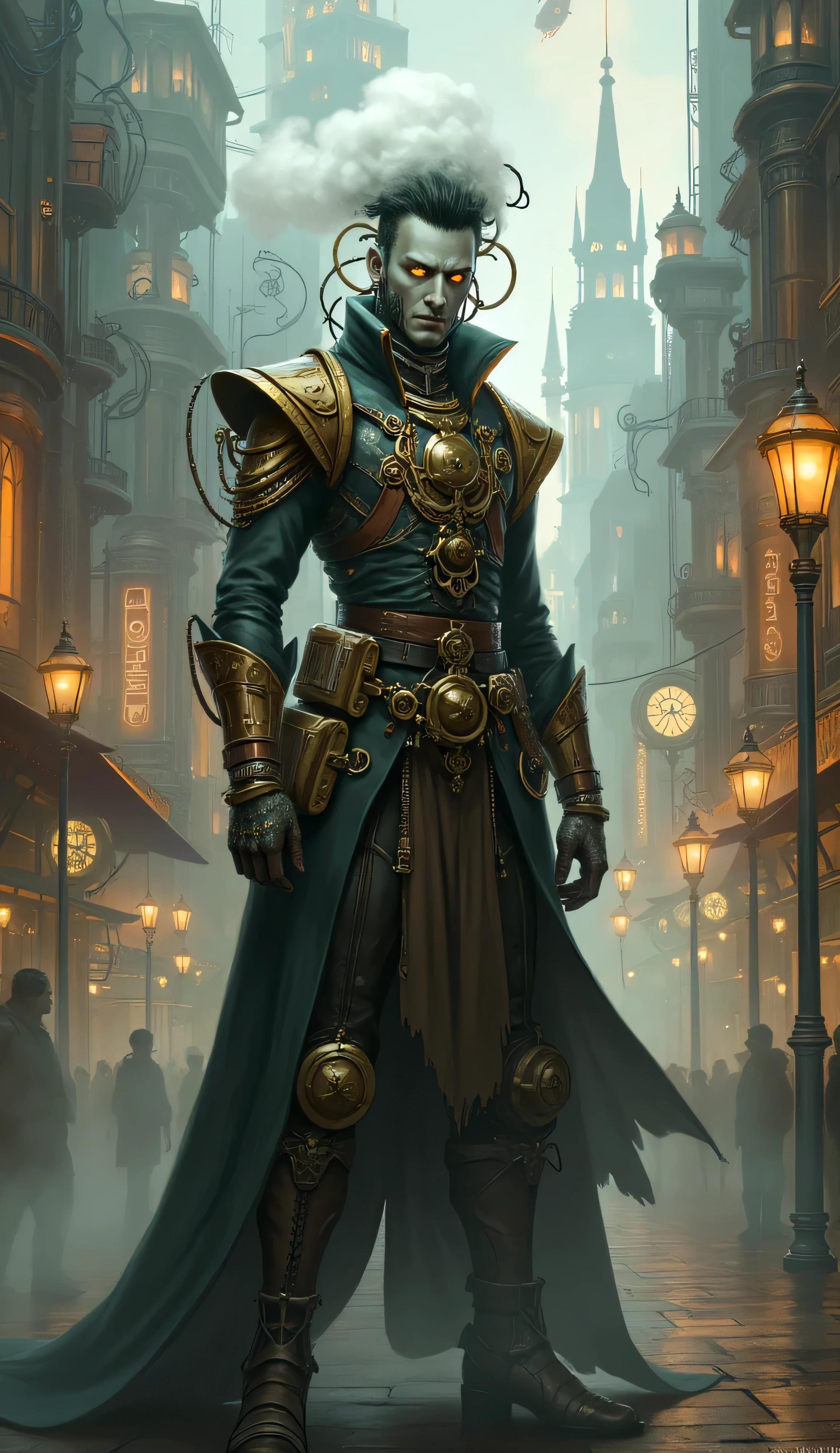 fantasy-inspired humanoid male character, Steam Genasi, standing proudly, the middle of a bustling steampunk city, steamy smoky skin, constantly emitting thin trails of steam from joints, shoulders, mouth, amber light glowing eyes, steam vents gently from hair like mist, retro-futuristic outfit, brass details, leather straps, metal-plated boots, intricate mechanical accessories, Victorian elegance, industrial design, lively steampunk city, towering buildings with gears, smokestacks, steam-powered airships flying above, glowing street lamps, copper wiring, warm foggy atmosphere, mechanical details, digital painting, highly detailed, steampunk art style, dramatic lighting with fog and warm hues, semi-realistic character design