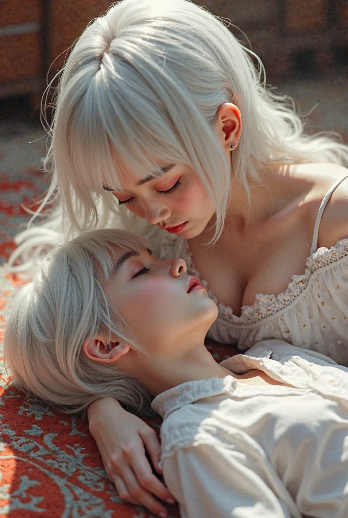 ((platinum white hair, 2nudegirls, two nude girls, kissing touching and hugging each other:1.2)), During bedtime, bedroom, accentuated super huge enormously gigantic nude breasts, nude body, gigantic nude breasts and nude hairy pussy showing, nude naked body showing, sitting, high detailed real face, smile, beautiful , crop tank top, beautiful skin, high detailed skin, beautiful eyes, high detailed finger, high detailed hand, masterpiece,