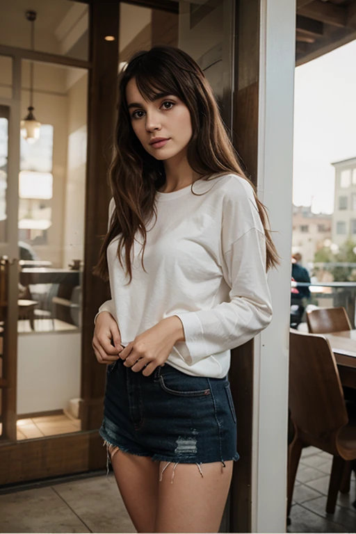 generate me a hyper-realistic image of an 18 year old girl of European and American descent with perfect, well lined eyes and brown eyes, with brown hair, beautiful delicate lips and a thin upturned nose, straight hair, a height of one meter and 60 centimeters, L bust details, beautiful exercised legs and she is sitting outside a beautiful coffee shop in the center of the city and is wearing black cloth pants with a white long sleeve polo shirt of simple design.
