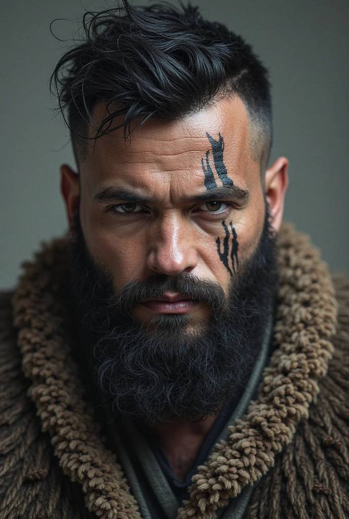 Half-orc monk pale green skin color bald 2m tall elemental tattoo full beard scar on the face 