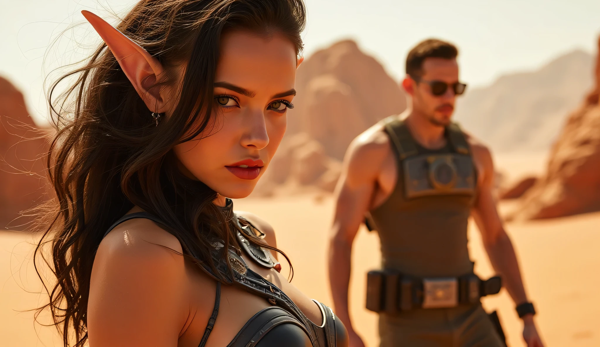 Create a cinematic, close-up shot on a sun-scorched Martian desert plateau. In the foreground, depict Lena—a striking Martian woman with long, elegantly pointed ears, reminiscent of feline-like alien features. She fixes an intense, alluring gaze directly toward the viewer. Her dark hair flows wildly around her face, and her attire blends elements of futuristic armor with subtle cyberpunk accents. Include a faint scar on her bare wrist, hinting at where an oppressive AI bracelet once bound her.
Position Ethan on the right side of the frame, partially out of focus. He appears as a rugged, muscular figure with understated tech-infused gear. Let his stance reflect both wariness and protectiveness, as if torn between confrontation and loyalty.
The background should showcase a rocky Martian landscape, with red-hued crags and dust swirling in the harsh sunlight. Emphasize the charged tension between these two characters—Lena’s defiant confidence in the foreground, and Ethan’s watchful presence in the near distance. No text or lettering in the final image.