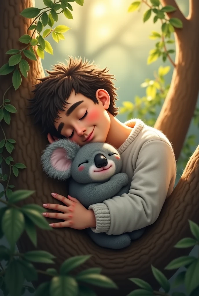 A needy koala hugging a 20-year-old Japanese man tightly, short hair with a pompadour, lying in bed