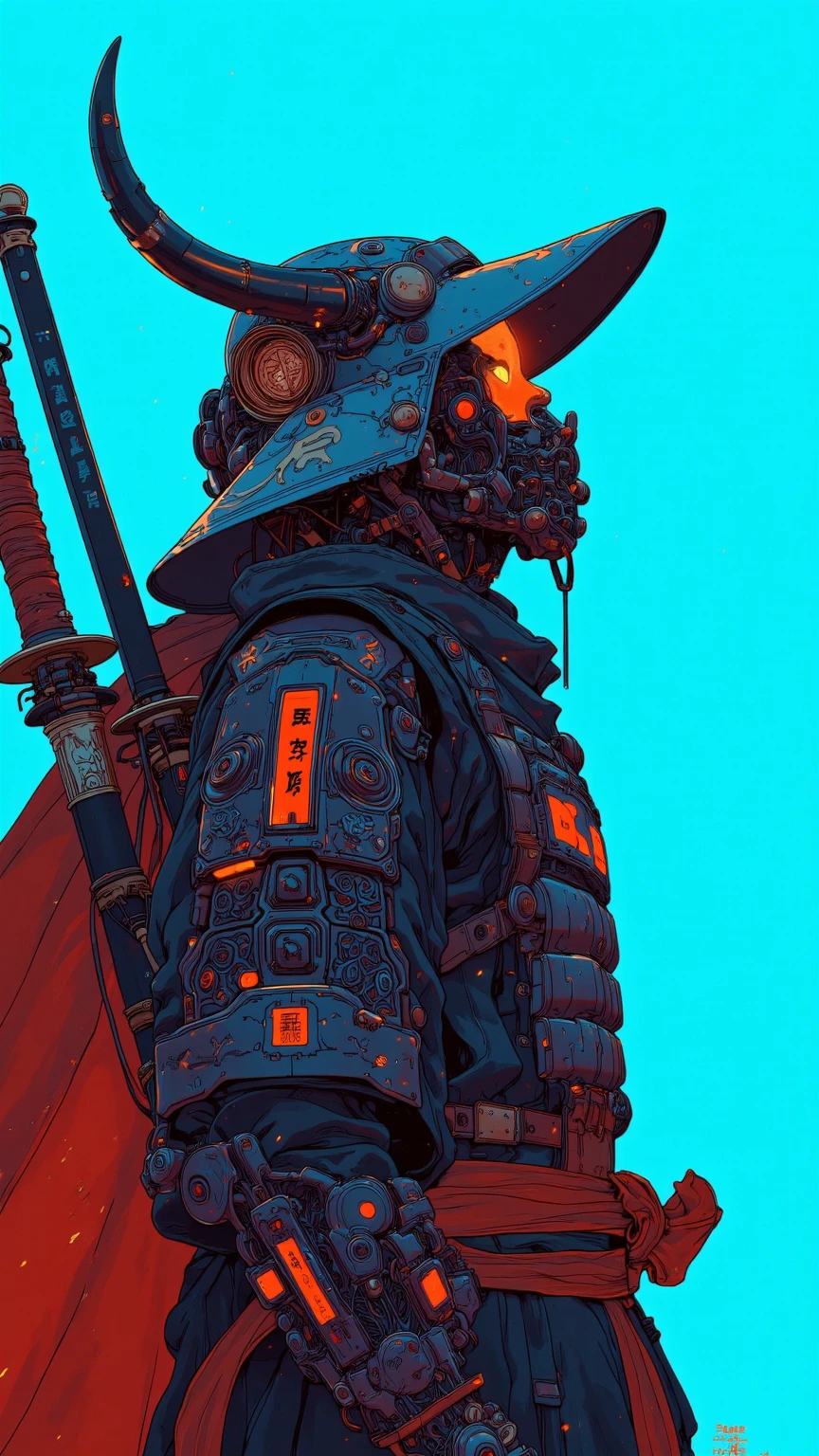 no text, general shot, ocean of background clouds, CyberRonin with metal wings and glow glow, (Cyber-Samurai:1.2)