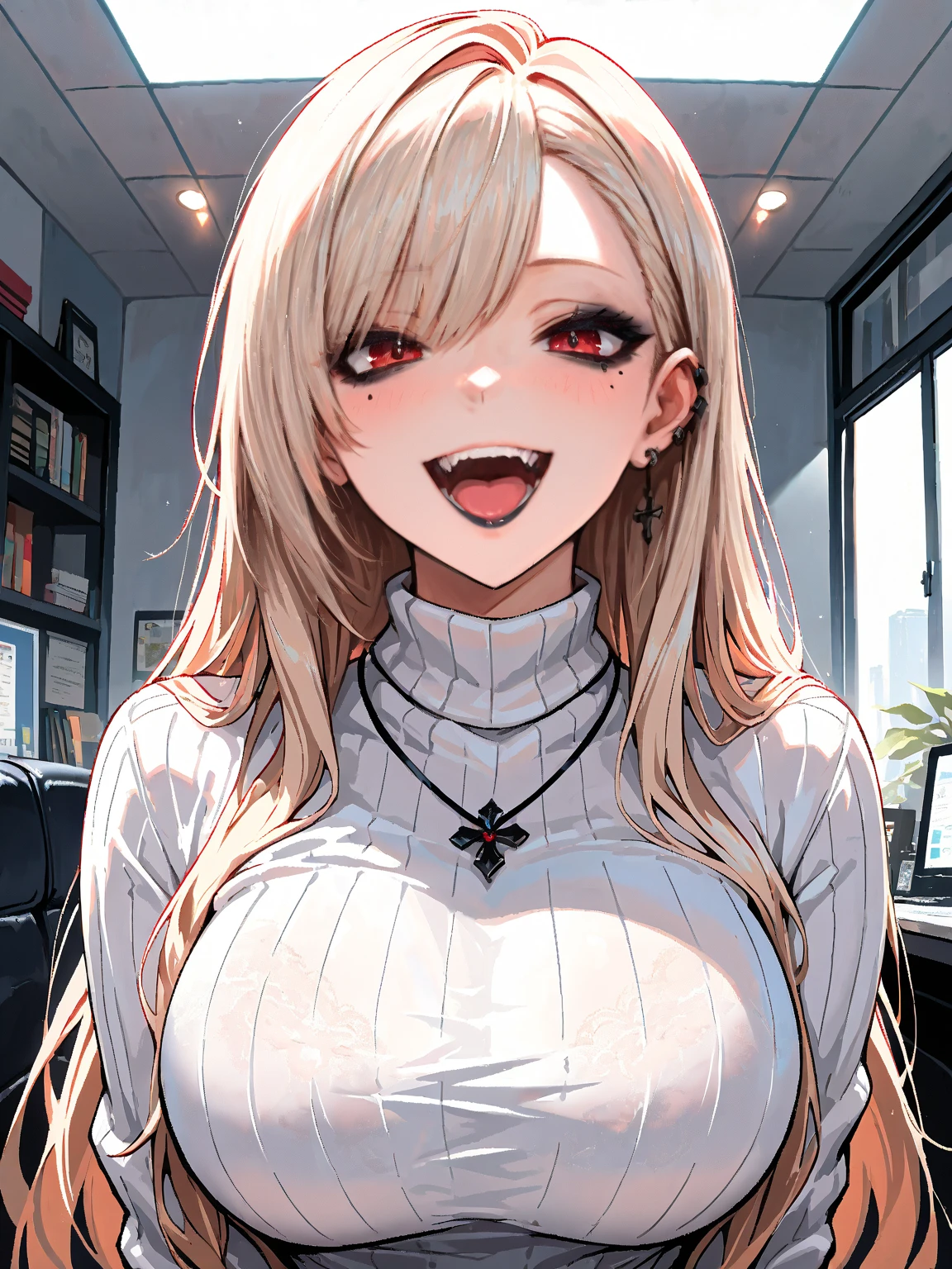 1 girls, White shirt, black tie, red eyelids, Long hair, Big breasts, Realistic, high-detail