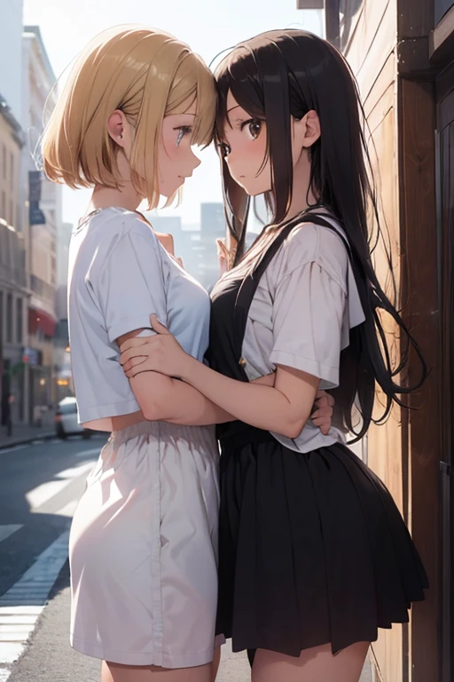 NSFW、(Anatomically correct、Masterpiece、Highest quality、Tabletop、Detailed construction)、(((Two beautiful girls, one with silver hair and the other with blonde hair and dark skin.)))、White shirt、(((Lesbian、Touching each other's crotches)))、(((Sweat)))、(((body fluid)))、(((Body odor、Sweat染み)))、(((pussy)))、(((Love juice)))、(((Fingering)))、((Pubic hair))、(((Gazing at each other)))、