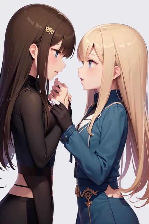 Two white anime girls. One girl has short dark red hair, brown eyes, big boobs, and wears dark clothes. The second girl has blonde long hair, blue eyes, and wears pink. Their clothes are see through and they are hugging each other.