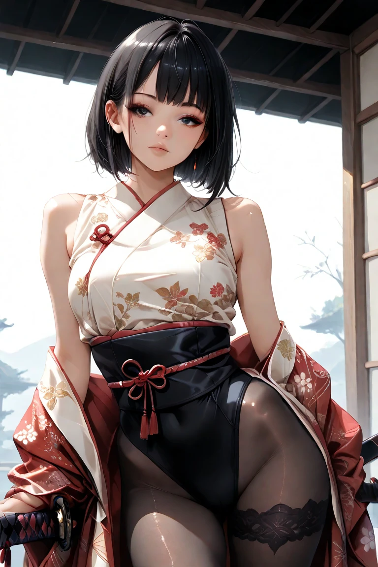 a sexy woman, (best quality), (masterpiece), (1 Girl), Slim, Japanese cartoons, High, (flat chest), (cheongsam), (portrait), (Semi-squat)