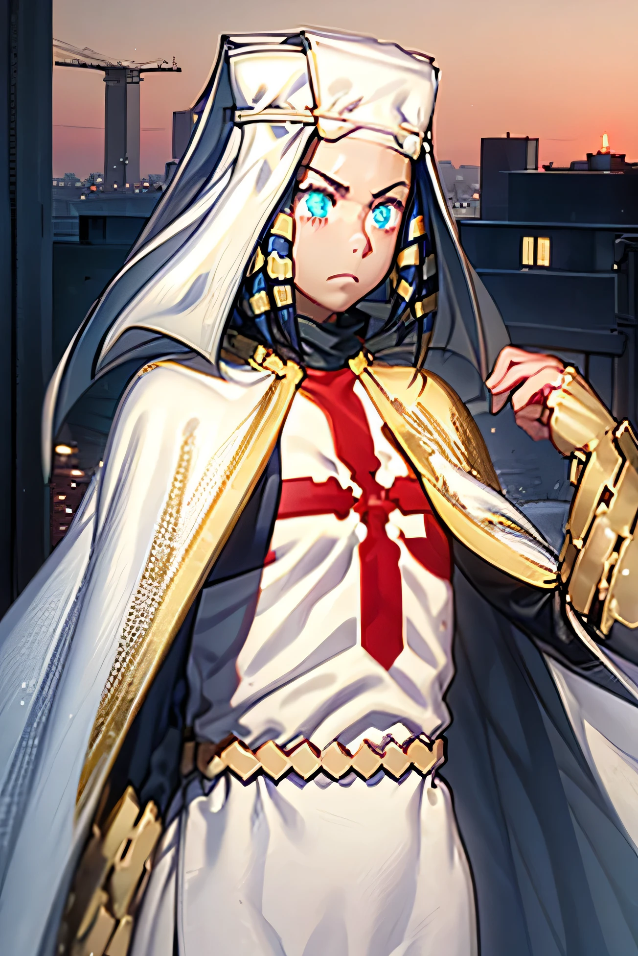 White outfit, blue eyes, black hair, nun headdress, red cross on chest, golden belt, gold armored gloves, black undersuit, cape, city background, serious expression, rooftop setting, male version



