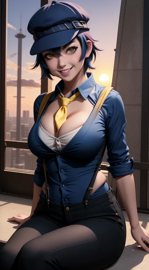 8k, older girl, short dark blue hair, yellow eyes, medium breast, ahoge, rectangular glasses, streaky hair, dutch angle, strapless skirt, microskirt, sluty, no shirt, only bra, seductive smile, arms crossed over his chest, torn fishnet stockings, kagami hirotaka style, perfect figure